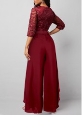 Lace Patchwork Wine Red V Neck Jumpsuit
