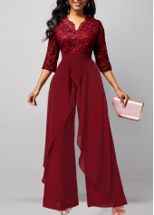 Lace Patchwork Wine Red V Neck Jumpsuit