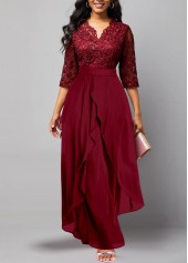 Lace Patchwork Wine Red V Neck Jumpsuit