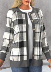 Tartan Print Button Dark Grey Round Neck Coat