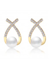 Pearl Design Rhinestone Gold Cross Earrings
