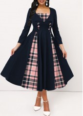Navy Insert Button Tartan Print 3/4 Sleeve Dress