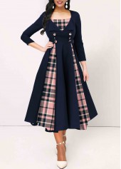 Navy Insert Button Tartan Print 3/4 Sleeve Dress