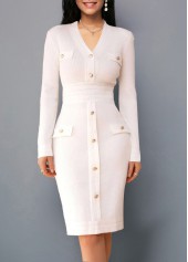 Button White Long Sleeve V Neck Sweater Dress