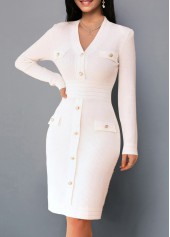 Button White Long Sleeve V Neck Sweater Dress