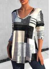 Geometric Print Cut Out Grey T Shirt