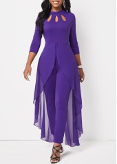 Cage Neck Purple Ankle Length Stand Collar Jumpsuit