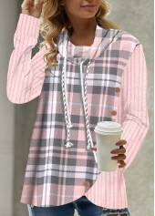 Pink Plus Size Tartan Print Regular Sleeve Sweatshirt