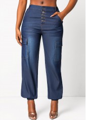 Dark Blue High Waisted Button Jogger Jeans