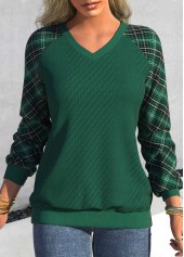 Plus Size Blackish Green V Neck Tartan Print Sweatshirt