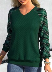 Plus Size Blackish Green V Neck Tartan Print Sweatshirt