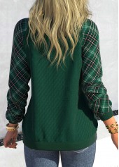 Plus Size Blackish Green V Neck Tartan Print Sweatshirt