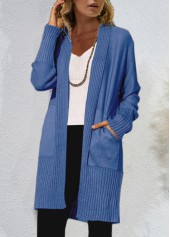 Double Side Pockets Blue Drop Sleeve Cardigan