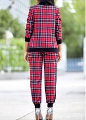 Plaid Red Long Sleeve Zipper Sweatsuit Set