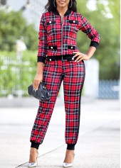 Plaid Red Long Sleeve Zipper Sweatsuit Set