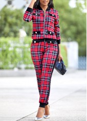 Plaid Red Long Sleeve Zipper Sweatsuit Set