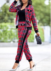 Plaid Red Long Sleeve Zipper Sweatsuit Set