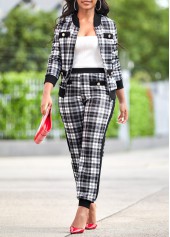 Plaid White Long Sleeve Zipper Sweatsuit Set