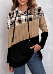 Plus Size Tartan Print Twisted Light Camel Hoodie