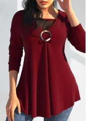 Wine Red Mesh Stitching Long Sleeve T Shirt