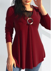 Wine Red Mesh Stitching Long Sleeve T Shirt