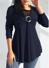 Navy Mesh Stitching V Neck Long Sleeve T Shirt