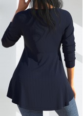 Navy Mesh Stitching V Neck Long Sleeve T Shirt