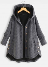 Pocket Grey Long Sleeve Hooded Coat