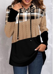 Plus Size Tartan Print Twisted Light Camel Hoodie