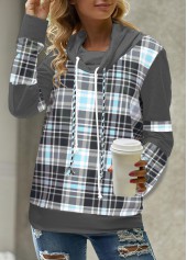 Plus Size Light Blue Cowl Neck Tartan Print Sweatshirt