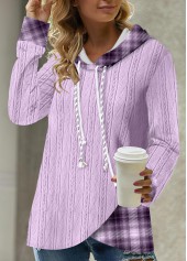 Asymmetric Hem Tartan Print Light Purple Hoodie