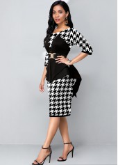 Faux Two Piece Houndstooth Print Black Dress