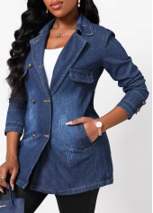 Button Denim Blue Lapel Long Sleeve Jacket