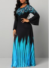 Tribal Print Breathable Blue Round Neck Maxi Dress