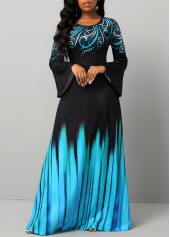 Tribal Print Breathable Blue Round Neck Maxi Dress