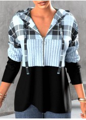 Plus Size Tartan Print Zipper Light Blue Hoodie