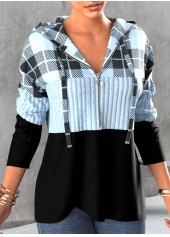 Plus Size Tartan Print Zipper Light Blue Hoodie