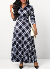 Plaid Button Black Shirt Collar Maxi Dress