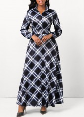 Plaid Button Black Shirt Collar Maxi Dress