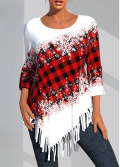 Snowflake Print Tassel Red Round Neck T Shirt