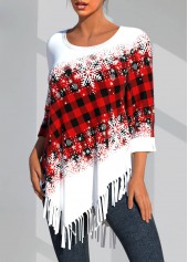 Snowflake Print Tassel Red Round Neck T Shirt