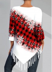 Snowflake Print Tassel Red Round Neck T Shirt