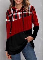 Plus Size Tartan Print Twisted Red Regular Sleeve Hoodie