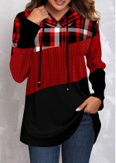 Plus Size Tartan Print Twisted Red Regular Sleeve Hoodie