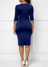 Houndstooth Print Bowknot Navy Knee Length Bodycon Dress