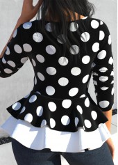 Polka Dot Zipper Black Round Neck Blouse