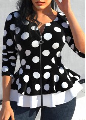 Polka Dot Zipper Black Round Neck Blouse