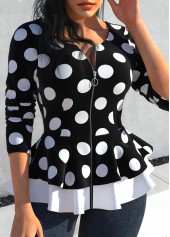 Polka Dot Zipper Black Round Neck Blouse