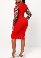 Leopard Tie Collar Long Sleeve Red Bodycon Dress