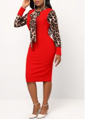 Leopard Tie Collar Long Sleeve Red Bodycon Dress